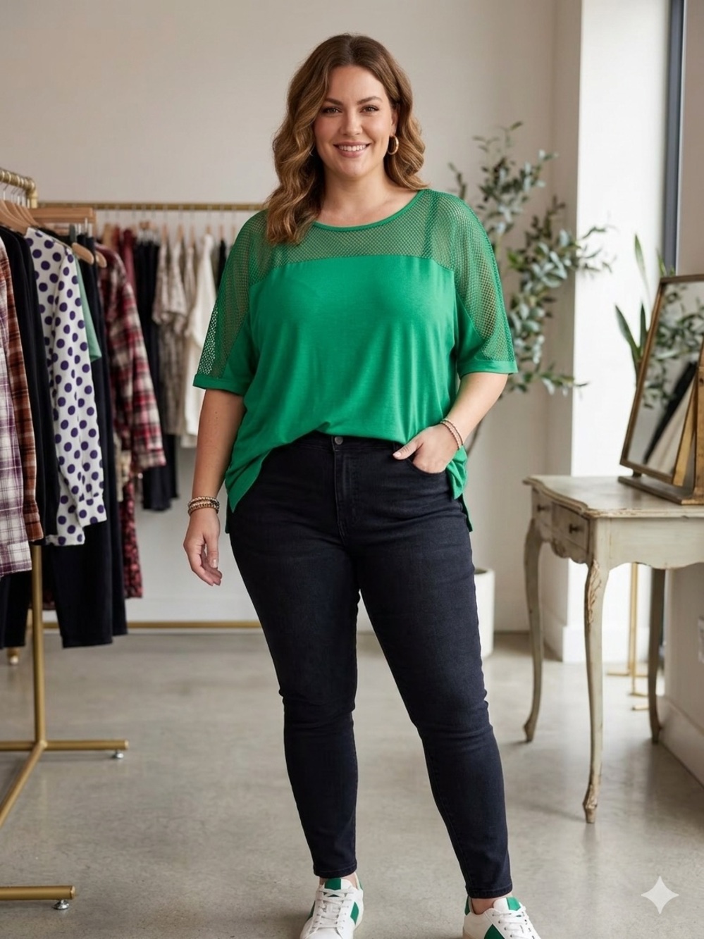 Lane Bryant Emerald Green Mesh Yoke Tee